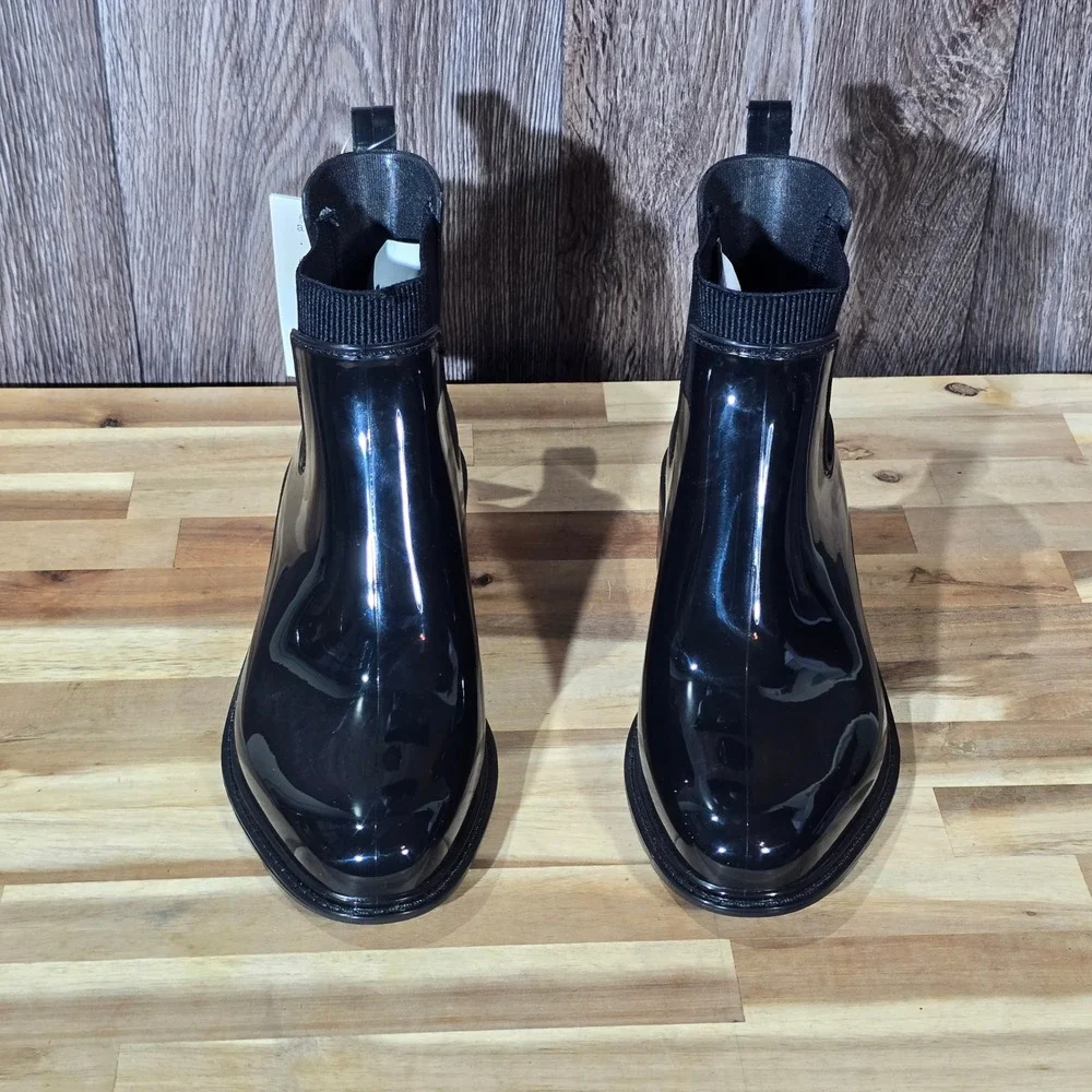 A New Day Black Glossy‎ Chelsea Rain Boots Block Heel Women's Size 6